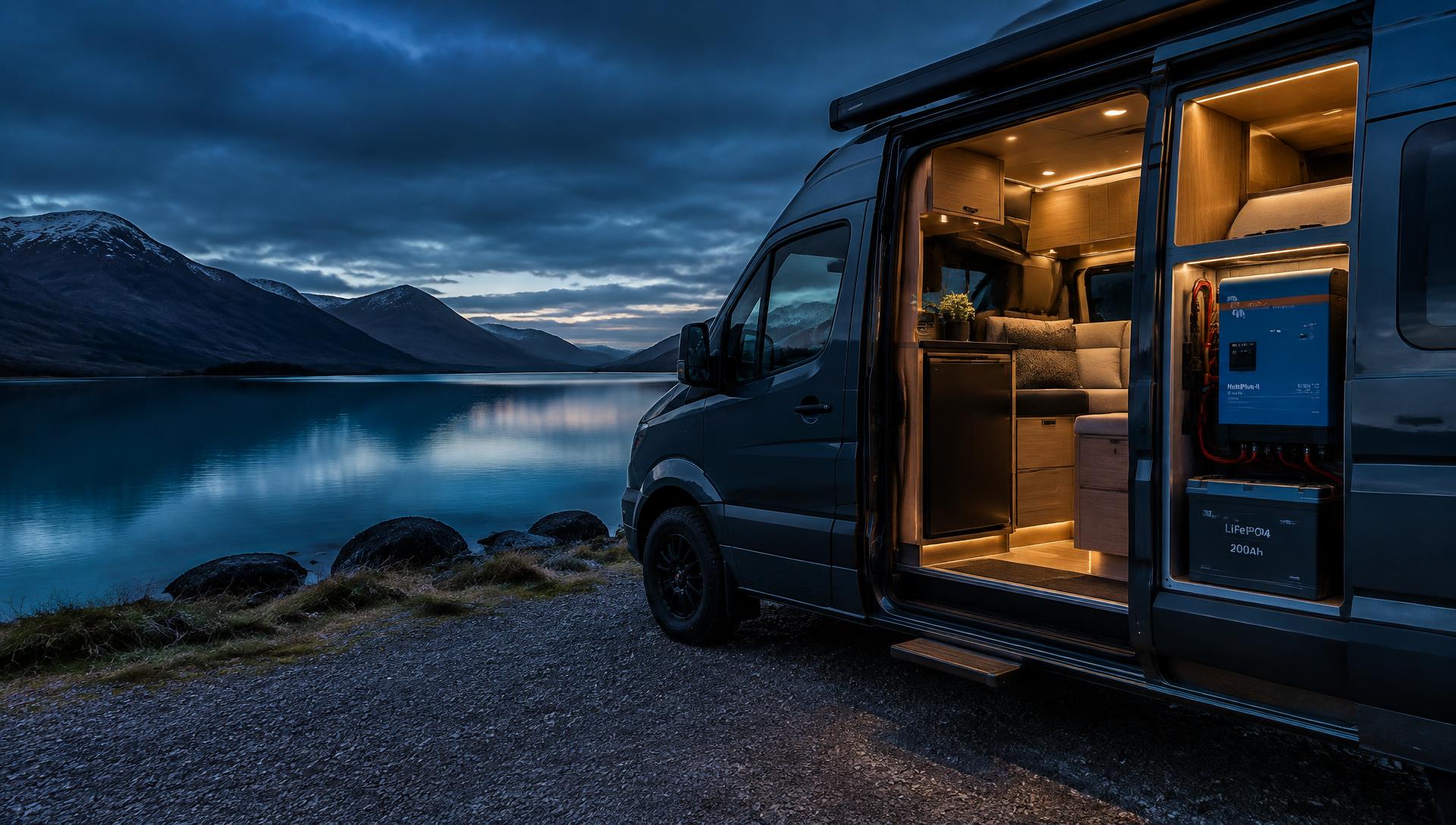 Converted campervan with its electrical system visible at dusk beside a loch